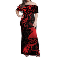 New Zealand Tui Bird Off Shoulder Maxi Dress Aotearoa Maori Pattern - Red LT14 Women Red - Polynesian Pride