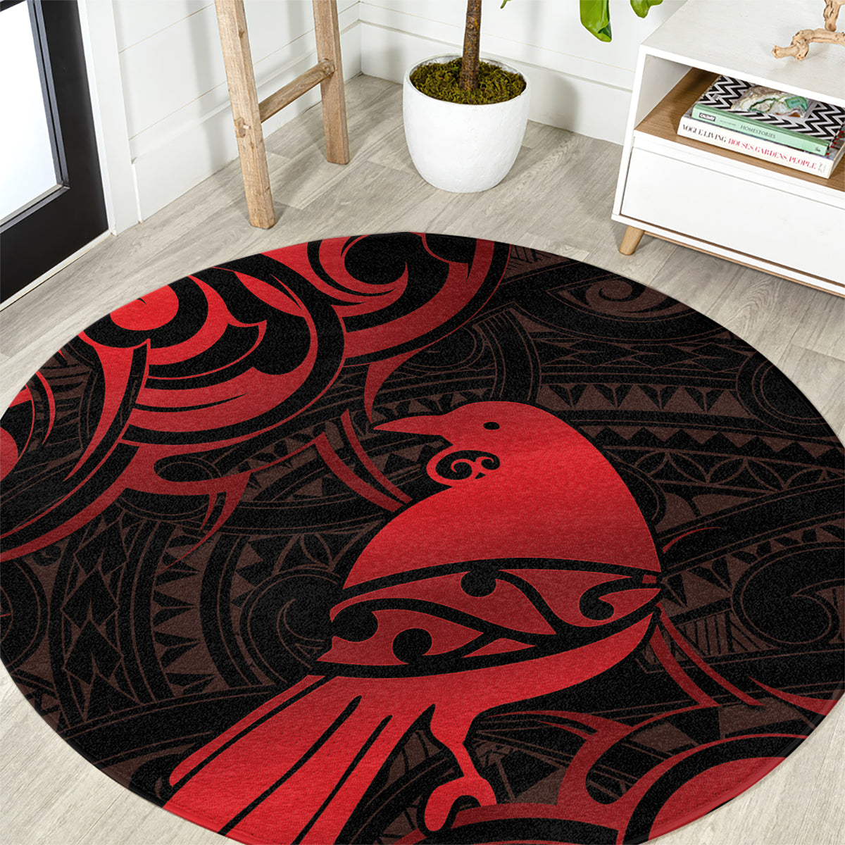 New Zealand Tui Bird Round Carpet Aotearoa Maori Pattern - Red