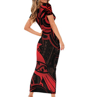 New Zealand Tui Bird Short Sleeve Bodycon Dress Aotearoa Maori Pattern - Red LT14 - Polynesian Pride