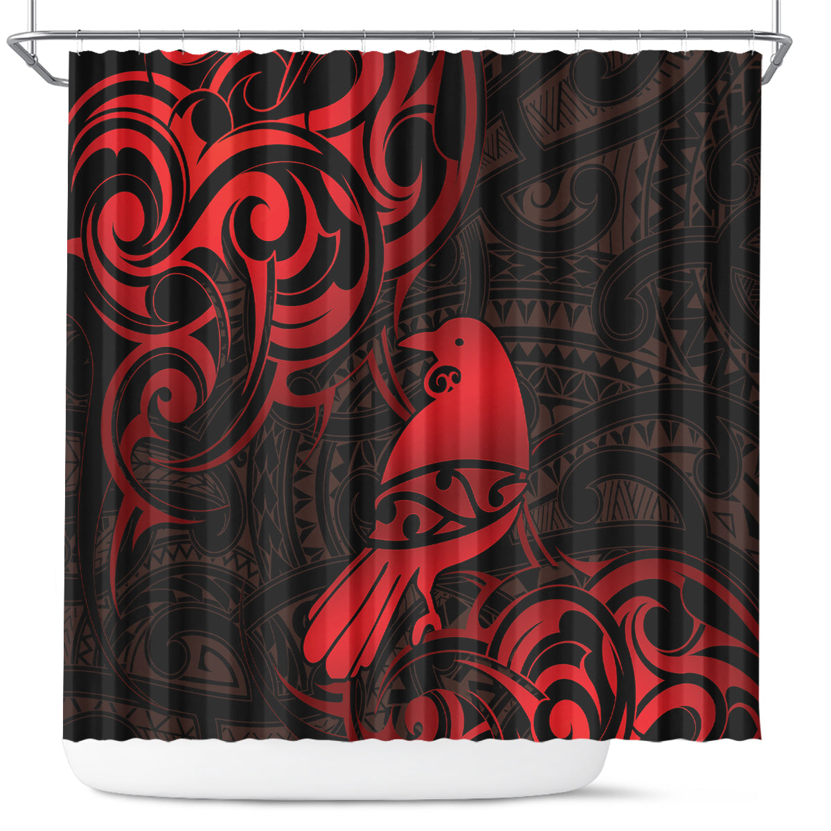 New Zealand Tui Bird Shower Curtain Aotearoa Maori Pattern - Red