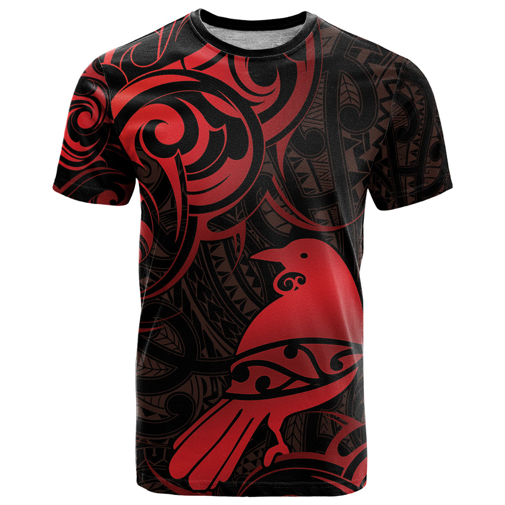 New Zealand Tui Bird T Shirt Aotearoa Maori Pattern - Red