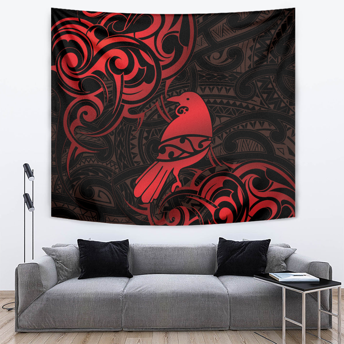 New Zealand Tui Bird Tapestry Aotearoa Maori Pattern - Red