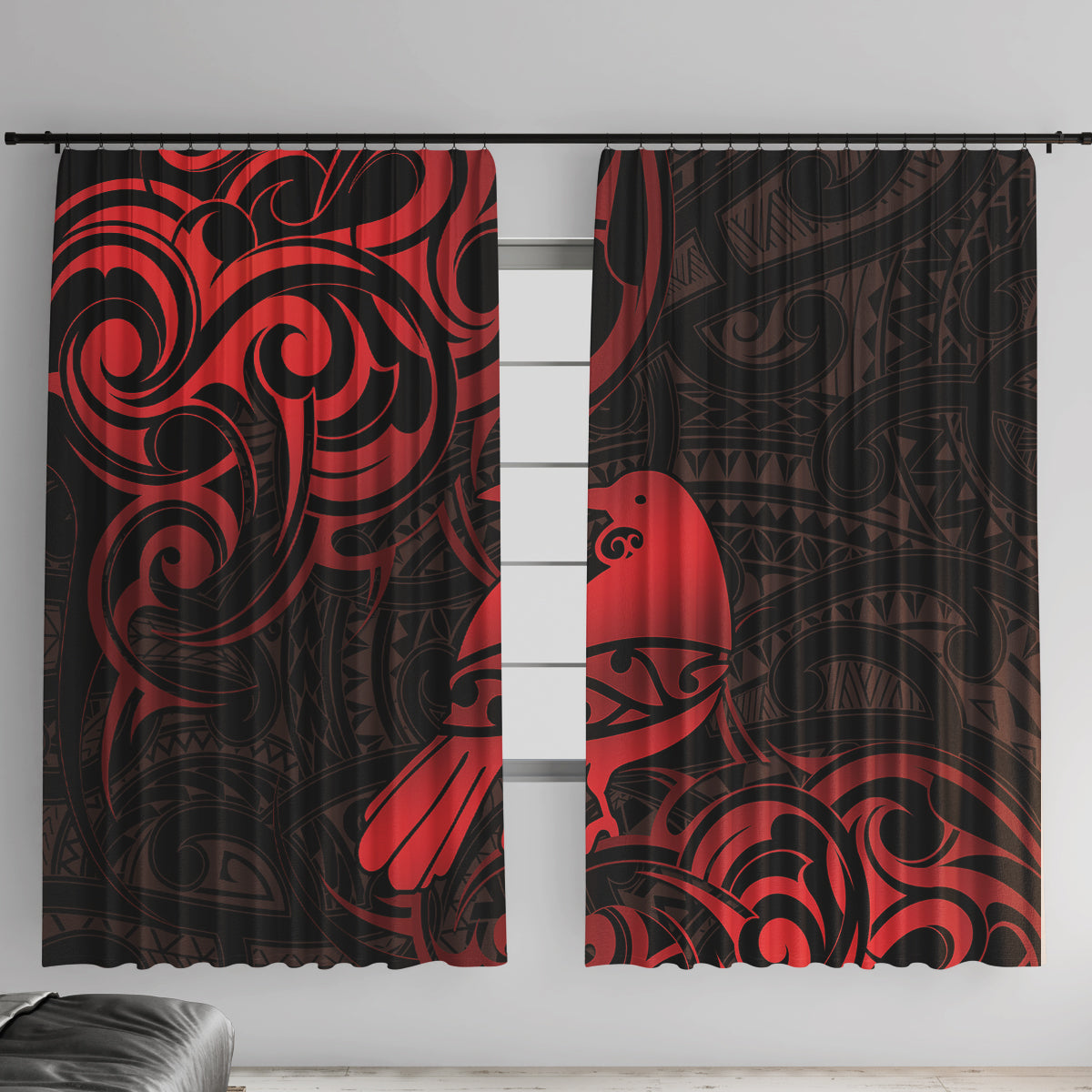 New Zealand Tui Bird Window Curtain Aotearoa Maori Pattern - Red