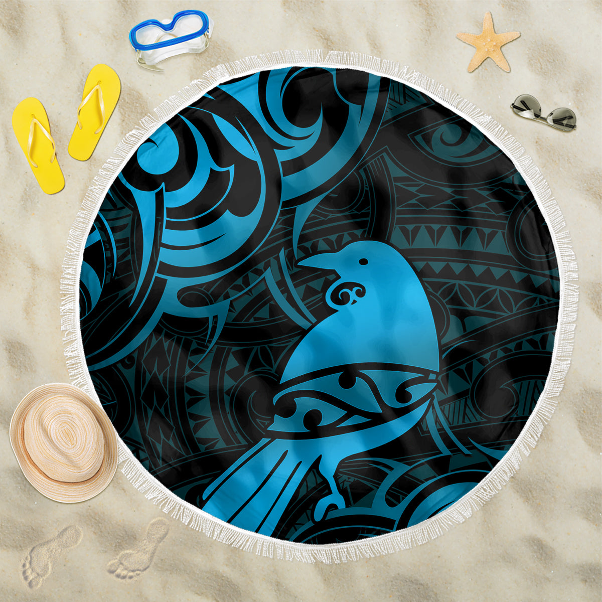 New Zealand Tui Bird Beach Blanket Aotearoa Maori Pattern - Blue