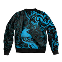 New Zealand Tui Bird Bomber Jacket Aotearoa Maori Pattern - Blue