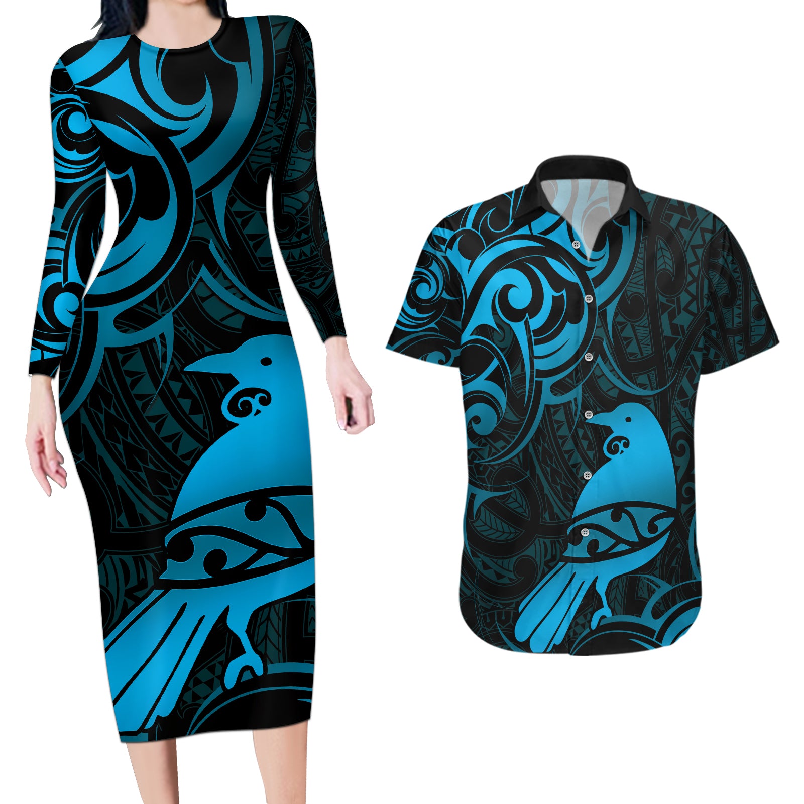 New Zealand Tui Bird Couples Matching Long Sleeve Bodycon Dress and Hawaiian Shirt Aotearoa Maori Pattern - Blue