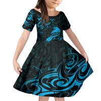 New Zealand Tui Bird Family Matching Off Shoulder Short Dress and Hawaiian Shirt Aotearoa Maori Pattern - Blue