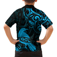 New Zealand Tui Bird Family Matching Short Sleeve Bodycon Dress and Hawaiian Shirt Aotearoa Maori Pattern - Blue LT14 - Polynesian Pride