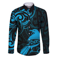 New Zealand Tui Bird Family Matching Short Sleeve Bodycon Dress and Hawaiian Shirt Aotearoa Maori Pattern - Blue LT14 Dad's Shirt - Long Sleeve Blue - Polynesian Pride