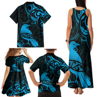 New Zealand Tui Bird Family Matching Tank Maxi Dress and Hawaiian Shirt Aotearoa Maori Pattern - Blue