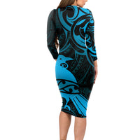 New Zealand Tui Bird Long Sleeve Bodycon Dress Aotearoa Maori Pattern - Blue