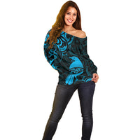 New Zealand Tui Bird Off Shoulder Sweater Aotearoa Maori Pattern - Blue