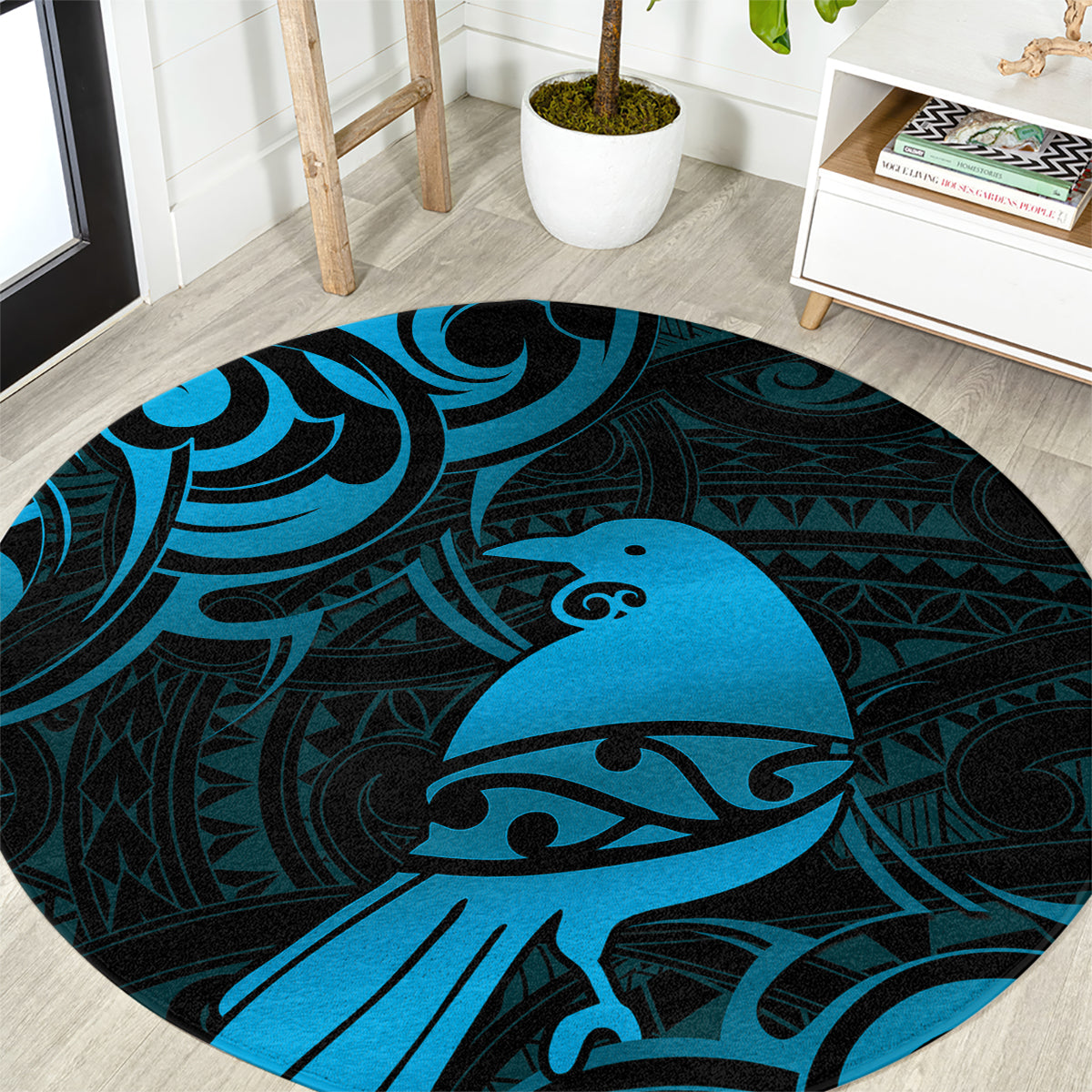 New Zealand Tui Bird Round Carpet Aotearoa Maori Pattern - Blue