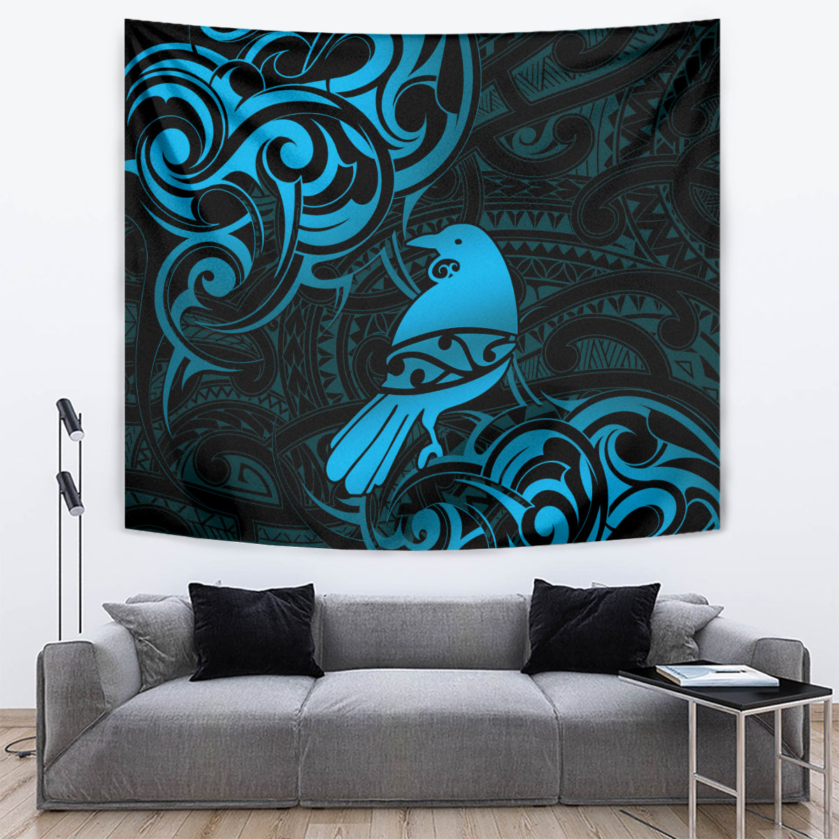 New Zealand Tui Bird Tapestry Aotearoa Maori Pattern - Blue