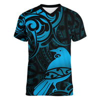 New Zealand Tui Bird Women V-Neck T-Shirt Aotearoa Maori Pattern - Blue