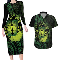 Kia Orana Kuki Airani Couples Matching Long Sleeve Bodycon Dress and Hawaiian Shirt Cook Islands Tangaroa God Tatau Green