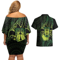 Kia Orana Kuki Airani Couples Matching Off Shoulder Short Dress and Hawaiian Shirt Cook Islands Tangaroa God Tatau Green