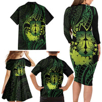 Kia Orana Kuki Airani Family Matching Long Sleeve Bodycon Dress and Hawaiian Shirt Cook Islands Tangaroa God Tatau Green