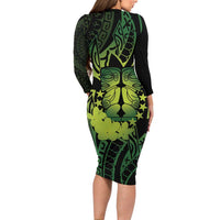 Kia Orana Kuki Airani Family Matching Long Sleeve Bodycon Dress and Hawaiian Shirt Cook Islands Tangaroa God Tatau Green