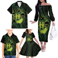 Kia Orana Kuki Airani Family Matching Off The Shoulder Long Sleeve Dress and Hawaiian Shirt Cook Islands Tangaroa God Tatau Green
