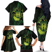Kia Orana Kuki Airani Family Matching Off The Shoulder Long Sleeve Dress and Hawaiian Shirt Cook Islands Tangaroa God Tatau Green
