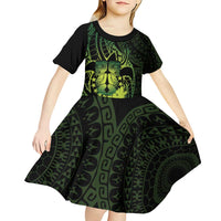 Kia Orana Kuki Airani Kid Short Sleeve Dress Cook Islands Tangaroa God Tatau Green