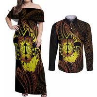 Kia Orana Kuki Airani Couples Matching Off Shoulder Maxi Dress and Long Sleeve Button Shirt Cook Islands Tangaroa God Tatau Gold