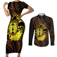 Kia Orana Kuki Airani Couples Matching Short Sleeve Bodycon Dress and Long Sleeve Button Shirt Cook Islands Tangaroa God Tatau Gold