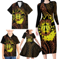 Kia Orana Kuki Airani Family Matching Long Sleeve Bodycon Dress and Hawaiian Shirt Cook Islands Tangaroa God Tatau Gold