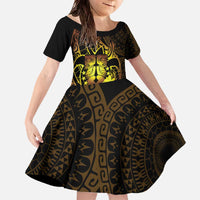 Kia Orana Kuki Airani Family Matching Off The Shoulder Long Sleeve Dress and Hawaiian Shirt Cook Islands Tangaroa God Tatau Gold