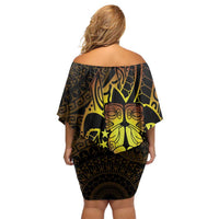Kia Orana Kuki Airani Family Matching Off Shoulder Short Dress and Hawaiian Shirt Cook Islands Tangaroa God Tatau Gold