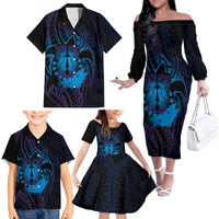 Kia Orana Kuki Airani Family Matching Off The Shoulder Long Sleeve Dress and Hawaiian Shirt Cook Islands Tangaroa God Tatau Purple