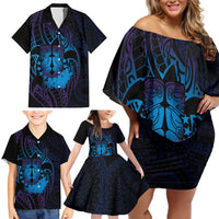Kia Orana Kuki Airani Family Matching Off Shoulder Short Dress and Hawaiian Shirt Cook Islands Tangaroa God Tatau Purple