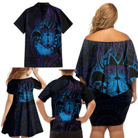 Kia Orana Kuki Airani Family Matching Off Shoulder Short Dress and Hawaiian Shirt Cook Islands Tangaroa God Tatau Purple