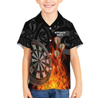 Personalised Aotearoa Darts Family Matching Puletasi and Hawaiian Shirt Maori Koru Flaming Dartboard LT14 Son's Shirt Black - Polynesian Pride