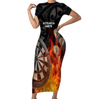 Personalised Aotearoa Darts Family Matching Short Sleeve Bodycon Dress and Hawaiian Shirt Maori Koru Flaming Dartboard