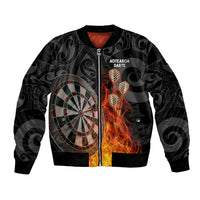 Personalised Aotearoa Darts Sleeve Zip Bomber Jacket Maori Koru Flaming Dartboard LT14 Unisex Black - Polynesian Pride