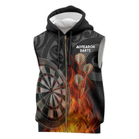 Personalised Aotearoa Darts Sleeveless Zip Hoodie Maori Koru Flaming Dartboard LT14 Black - Polynesian Pride
