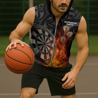 Personalised Aotearoa Darts Sleeveless Zip Hoodie Maori Koru Flaming Dartboard LT14 - Polynesian Pride