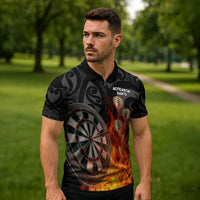Personalised Aotearoa Darts Zipper Polo Shirt Maori Koru Flaming Dartboard - Polynesian Pride