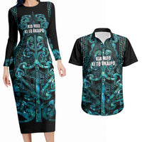Maori Language Week Personalised Couples Matching Long Sleeve Bodycon Dress and Hawaiian Shirt Kia Mau Ki To Ukaipo Paua Shell Color LT14 Turquoise - Polynesian Pride