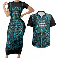 Maori Language Week Personalised Couples Matching Short Sleeve Bodycon Dress and Hawaiian Shirt Kia Mau Ki To Ukaipo Paua Shell Color LT14 Turquoise - Polynesian Pride