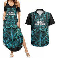 Maori Language Week Personalised Couples Matching Summer Maxi Dress and Hawaiian Shirt Kia Mau Ki To Ukaipo Paua Shell Color LT14 Turquoise - Polynesian Pride