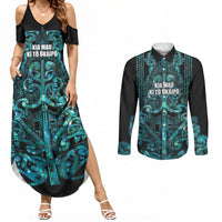 Maori Language Week Personalised Couples Matching Summer Maxi Dress and Long Sleeve Button Shirt Kia Mau Ki To Ukaipo Paua Shell Color LT14 Turquoise - Polynesian Pride