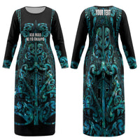 Maori Language Week Personalised Family Matching Long Sleeve Bodycon Dress and Hawaiian Shirt Kia Mau Ki To Ukaipo Paua Shell Color LT14 Mom's Dress Turquoise - Polynesian Pride