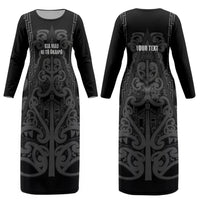 Maori Language Week Personalised Couples Matching Long Sleeve Bodycon Dress and Long Sleeve Button Shirt Kia Mau Ki To Ukaipo Grey Color LT14 - Polynesian Pride
