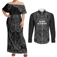 Maori Language Week Personalised Couples Matching Off Shoulder Maxi Dress and Long Sleeve Button Shirt Kia Mau Ki To Ukaipo Grey Color LT14 Grey - Polynesian Pride