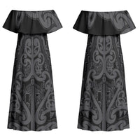 Maori Language Week Personalised Family Matching Off Shoulder Maxi Dress and Hawaiian Shirt Kia Mau Ki To Ukaipo Grey Color LT14 Mom's Dress Grey - Polynesian Pride