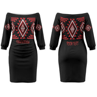 Aotearoa Atua Tumatauenga Personalised Couples Matching Off The Shoulder Long Sleeve Dress and Long Sleeve Button Shirt Maori God Of War Taniko Motifs LT14 - Polynesian Pride