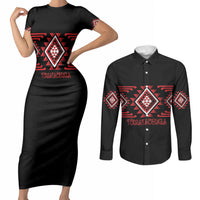 Aotearoa Atua Tumatauenga Personalised Couples Matching Short Sleeve Bodycon Dress and Long Sleeve Button Shirt Maori God Of War Taniko Motifs LT14 Red - Polynesian Pride